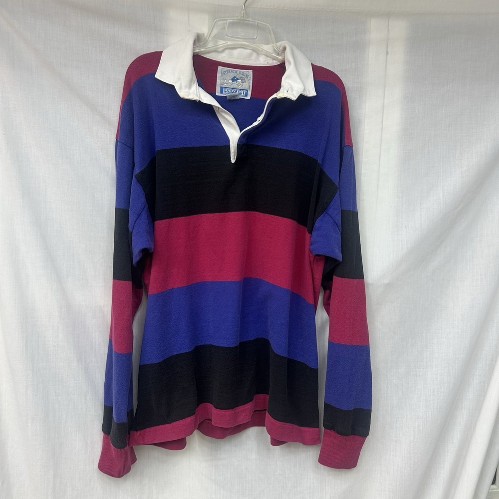 VTG Lands End Rugby Shirt Mens L Purple Pink Wide Stripe Vintage USA 100% Cotton